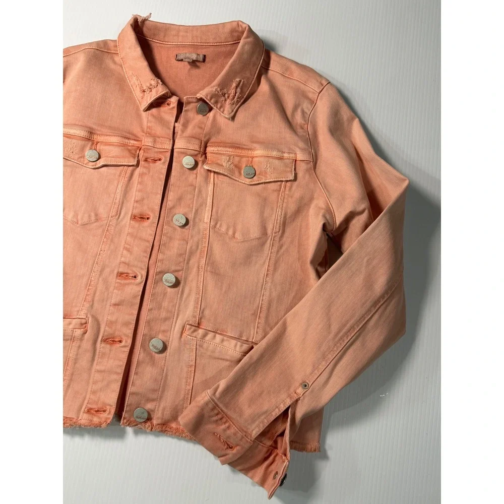 Dear John Denim Jacket Peach Distressed Raw Hem Button Up Cropped M Womens‎